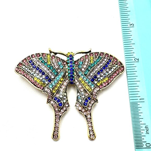 Womens Butterfly Brooch Pin Multicolor Crystal Gold Tone Statement Vintage Style - Picture 3 of 4
